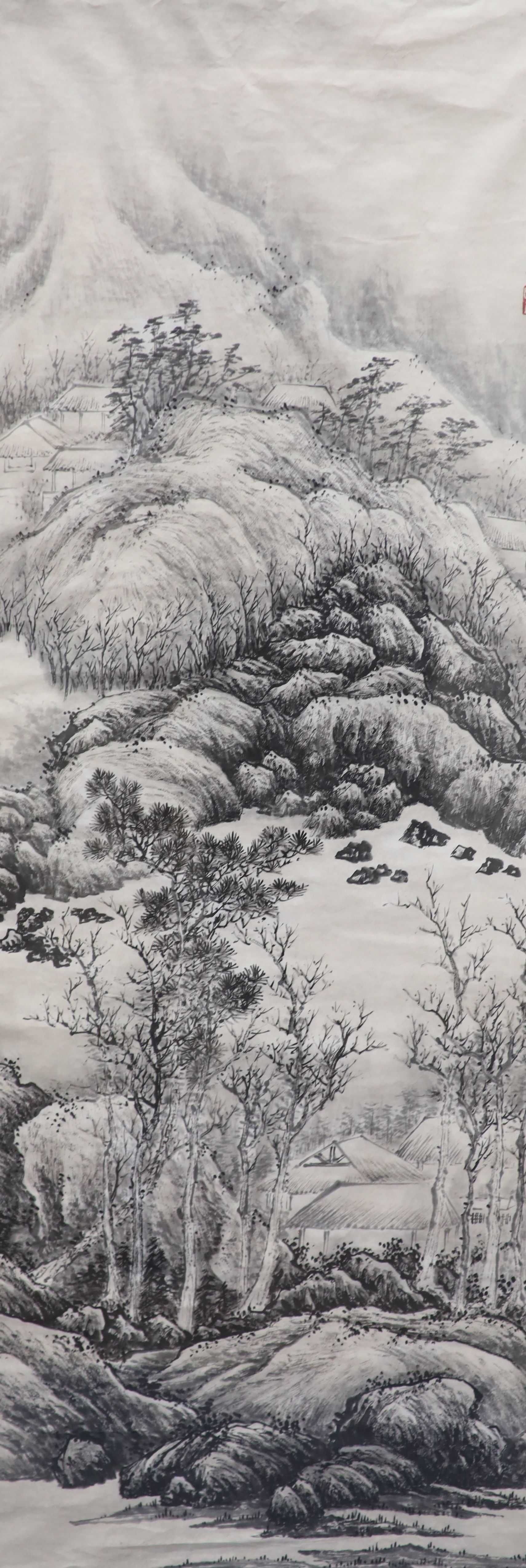 Chinese School, four monochrome watercolours on paper, Mountain landscapes, 93 x 33cm